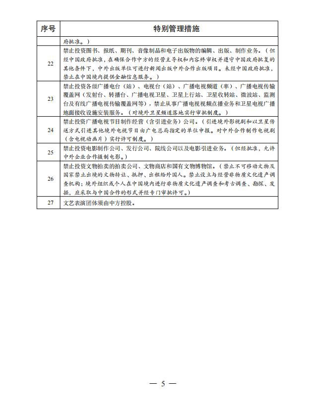 自由贸易试验区外商投资准入特别管理措施